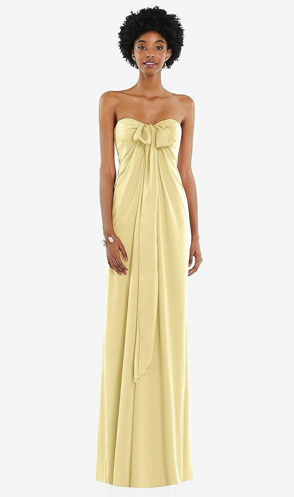 Front View - Pale Yellow Draped Satin Grecian Column Gown with Convertible Straps