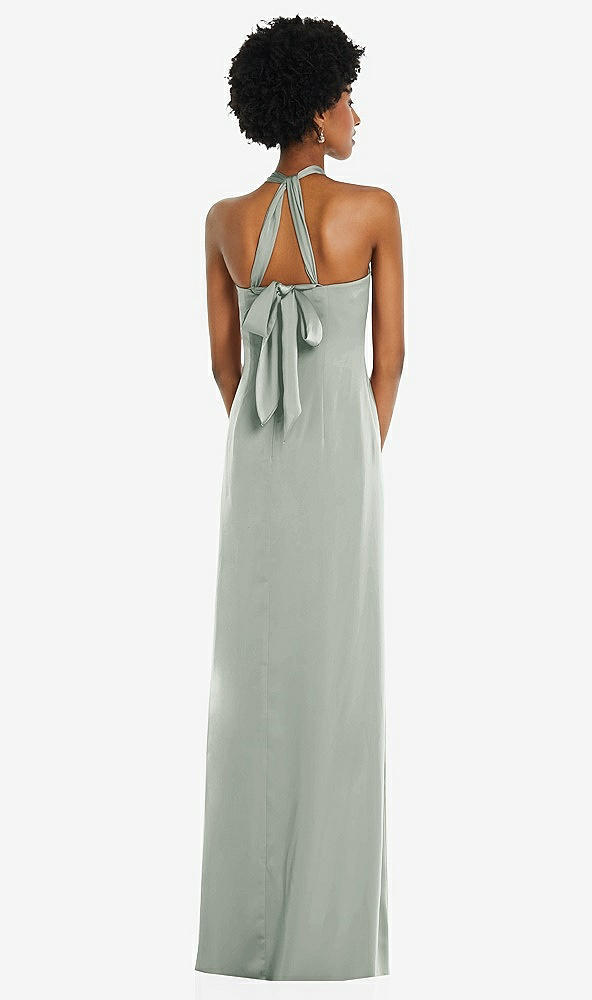 Back View - Willow Green Draped Satin Grecian Column Gown with Convertible Straps