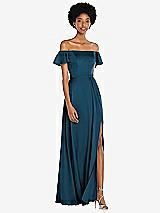 Front View Thumbnail - Atlantic Blue Straight-Neck Ruffled Off-the-Shoulder Satin Maxi Dress