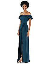 Side View Thumbnail - Atlantic Blue Straight-Neck Ruffled Off-the-Shoulder Satin Maxi Dress