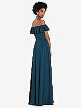 Rear View Thumbnail - Atlantic Blue Straight-Neck Ruffled Off-the-Shoulder Satin Maxi Dress