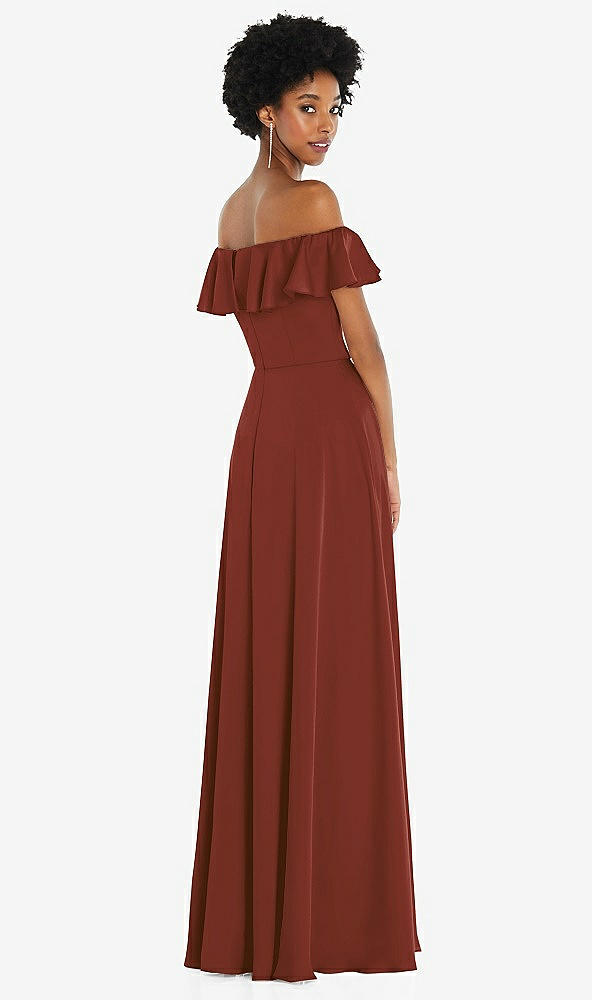 Back View - Auburn Moon Straight-Neck Ruffled Off-the-Shoulder Satin Maxi Dress