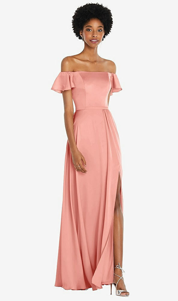 Front View - Rose - PANTONE Rose Quartz Straight-Neck Ruffled Off-the-Shoulder Satin Maxi Dress