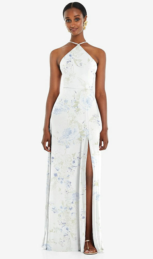 Front View - Bleu Garden Diamond Halter Maxi Dress with Adjustable Straps