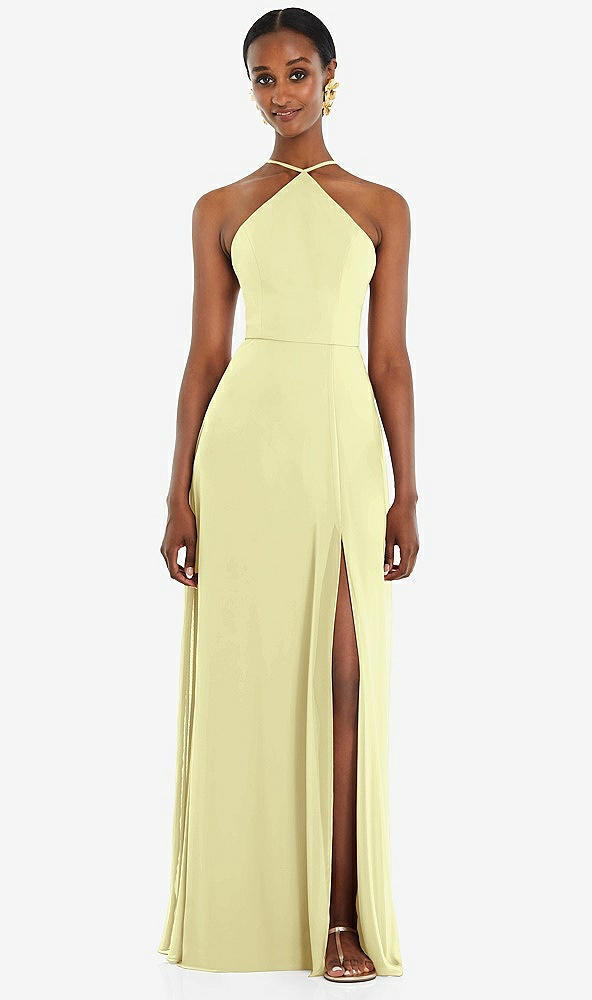 Front View - Butter Yellow Diamond Halter Maxi Dress with Adjustable Straps