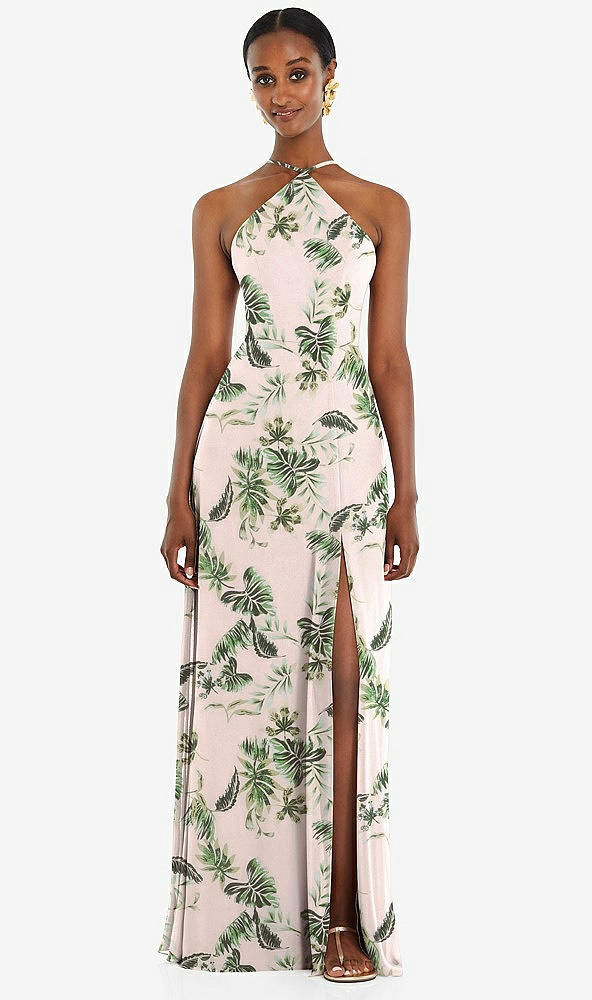 Front View - Palm Beach Print Diamond Halter Maxi Dress with Adjustable Straps