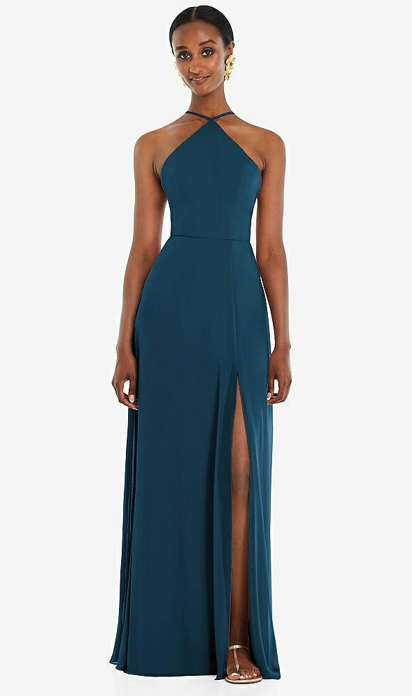 Front View - Atlantic Blue Diamond Halter Maxi Dress with Adjustable Straps