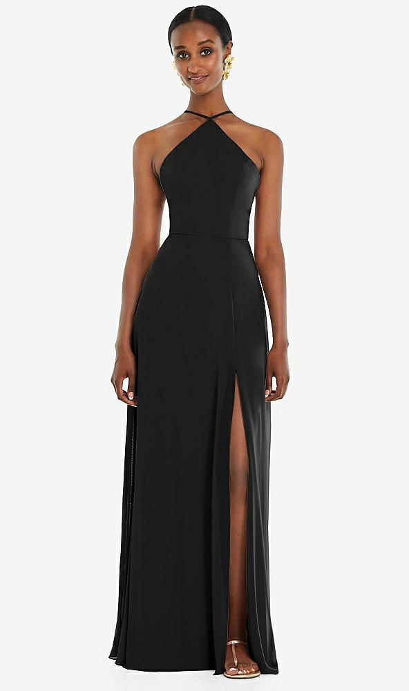 Front View - Black Diamond Halter Maxi Dress with Adjustable Straps