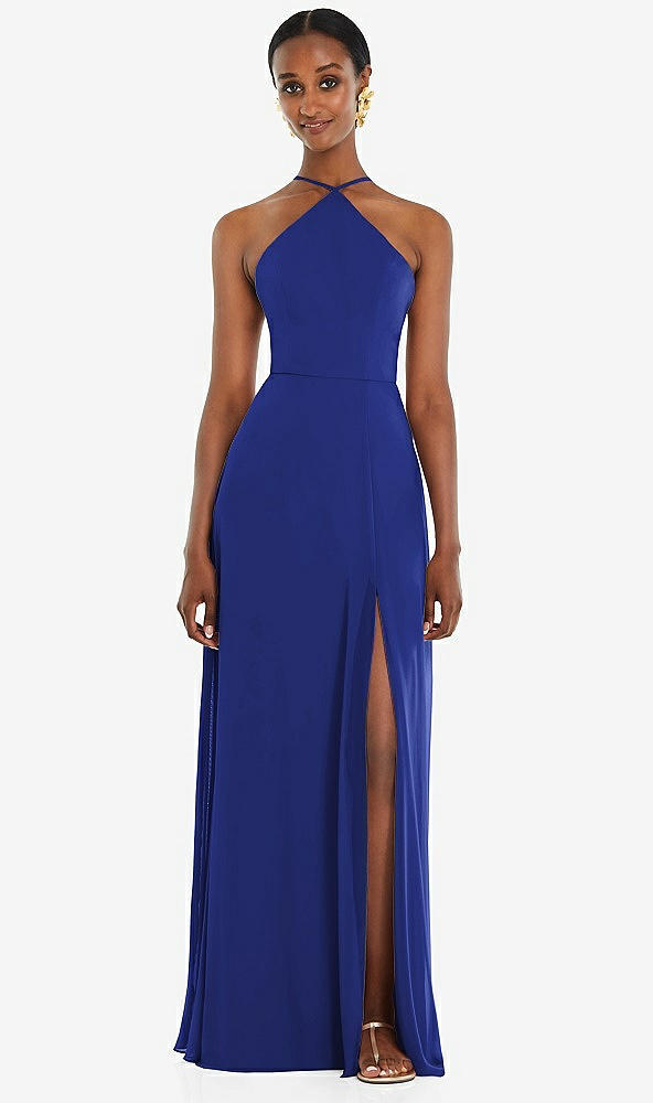 Front View - Cobalt Blue Diamond Halter Maxi Dress with Adjustable Straps