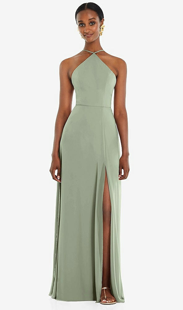 Front View - Sage Diamond Halter Maxi Dress with Adjustable Straps