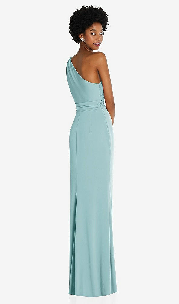 Back View - Canal Blue One-Shoulder Twist Draped Maxi Dress