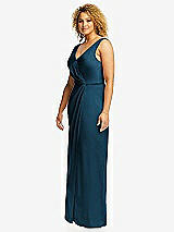 Side View Thumbnail - Atlantic Blue Faux Wrap Whisper Satin Maxi Dress with Draped Tulip Skirt