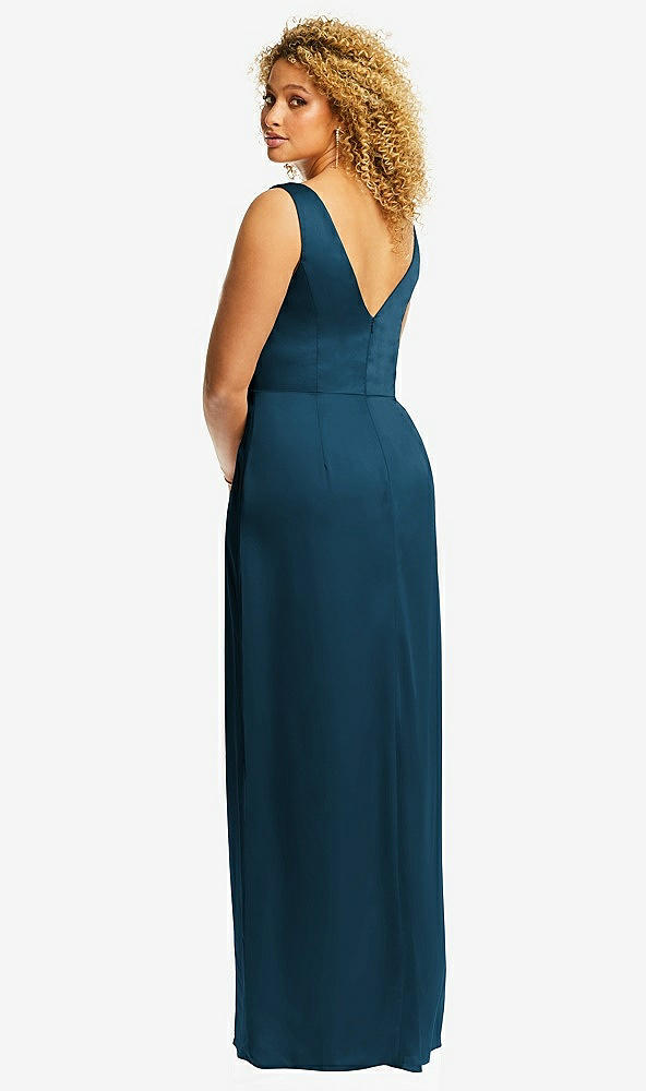 Back View - Atlantic Blue Faux Wrap Whisper Satin Maxi Dress with Draped Tulip Skirt