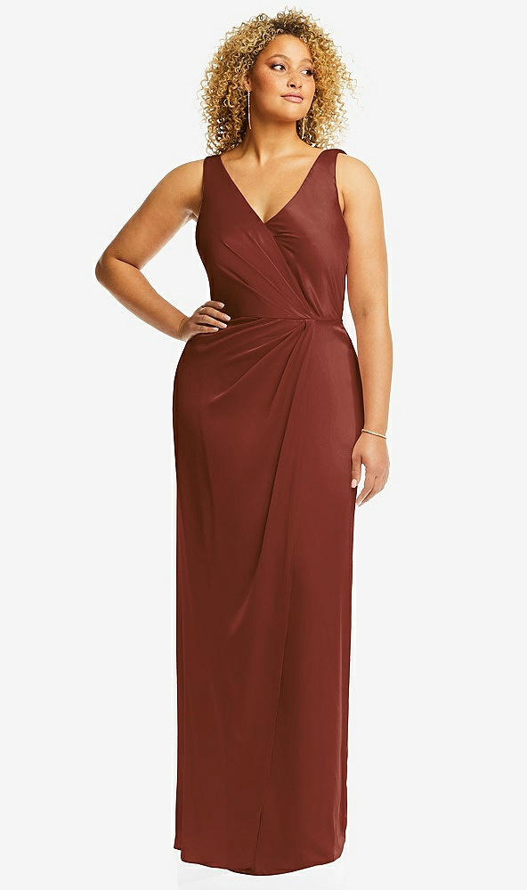 Front View - Auburn Moon Faux Wrap Whisper Satin Maxi Dress with Draped Tulip Skirt