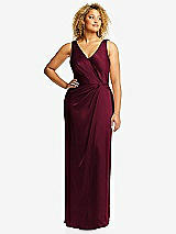 Front View Thumbnail - Cabernet Faux Wrap Whisper Satin Maxi Dress with Draped Tulip Skirt