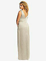 Rear View Thumbnail - Champagne Faux Wrap Whisper Satin Maxi Dress with Draped Tulip Skirt