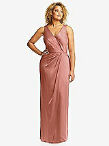 Front View Thumbnail - Desert Rose Faux Wrap Whisper Satin Maxi Dress with Draped Tulip Skirt