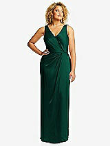 Front View Thumbnail - Hunter Green Faux Wrap Whisper Satin Maxi Dress with Draped Tulip Skirt