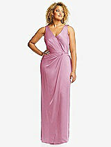 Front View Thumbnail - Powder Pink Faux Wrap Whisper Satin Maxi Dress with Draped Tulip Skirt