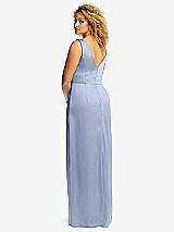 Rear View Thumbnail - Sky Blue Faux Wrap Whisper Satin Maxi Dress with Draped Tulip Skirt