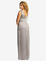 Rear View Thumbnail - Taupe Faux Wrap Whisper Satin Maxi Dress with Draped Tulip Skirt