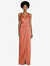 Alt View 1 Thumbnail - Terracotta Copper Faux Wrap Whisper Satin Maxi Dress with Draped Tulip Skirt