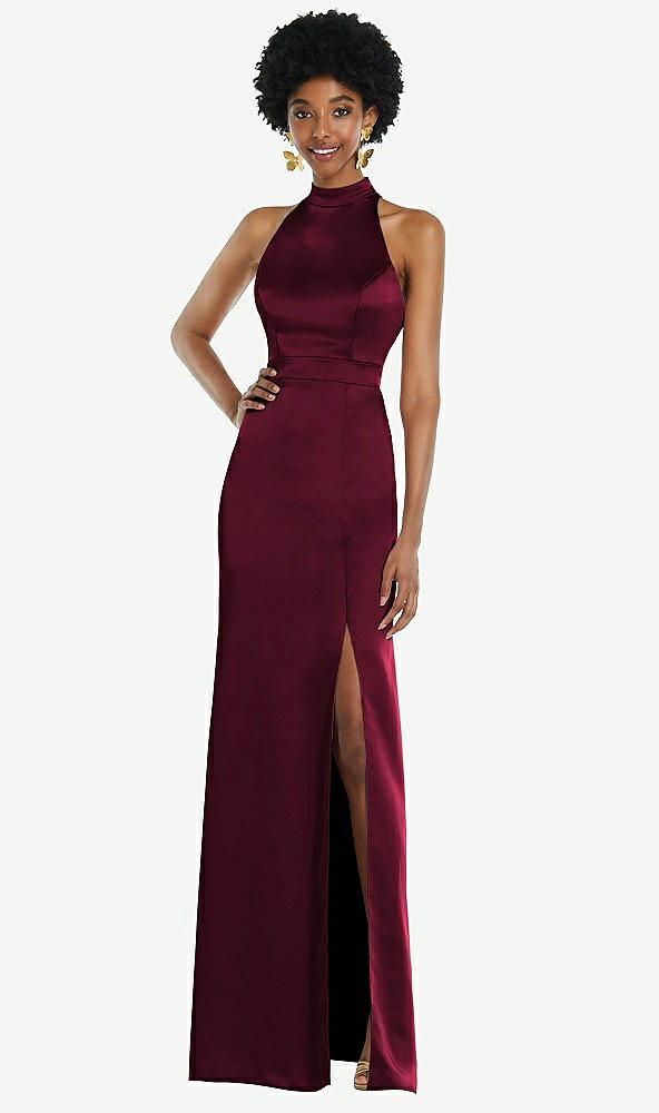 Back View - Cabernet High Neck Backless Maxi Dress with Slim Belt