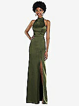 Rear View Thumbnail - Olive Green High Neck Backless Maxi Dress with Slim Belt