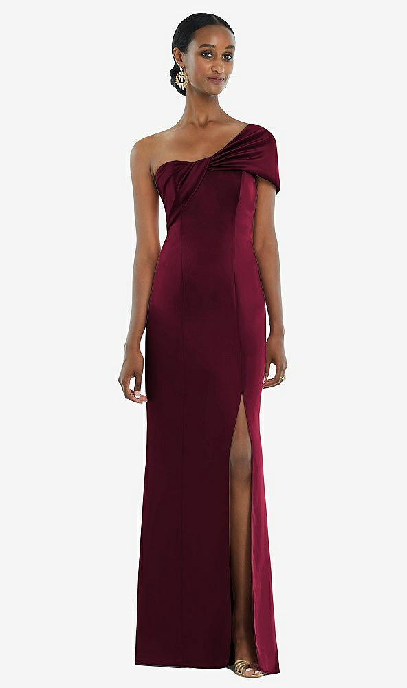 Front View - Cabernet Twist Cuff One-Shoulder Princess Line Trumpet Gown