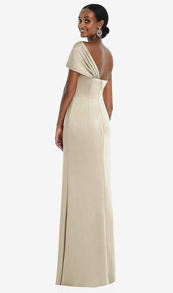 Back View - Champagne Twist Cuff One-Shoulder Princess Line Trumpet Gown