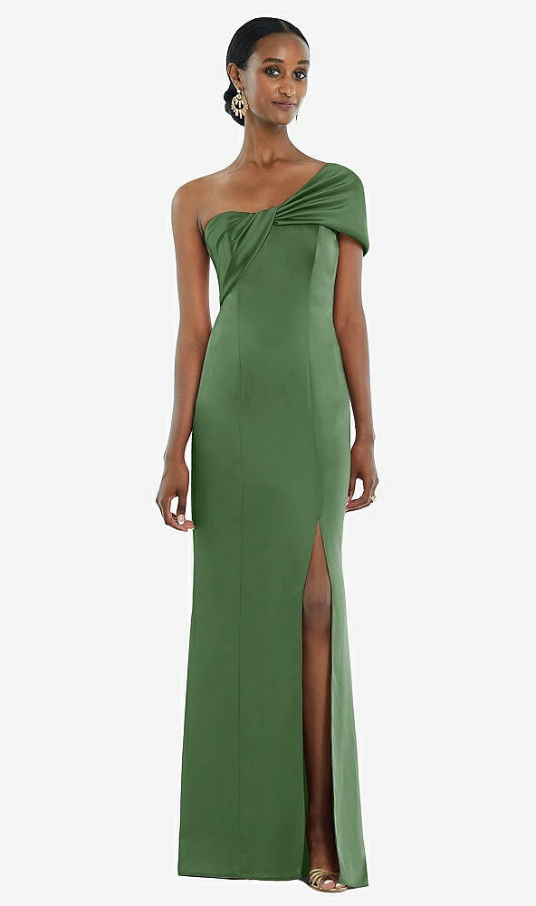 Front View - Vineyard Green Twist Cuff One-Shoulder Princess Line Trumpet Gown