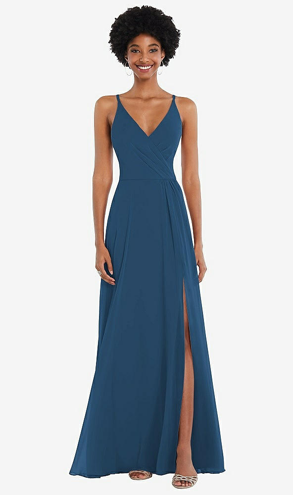 Front View - Dusk Blue Faux Wrap Criss Cross Back Maxi Dress with Adjustable Straps