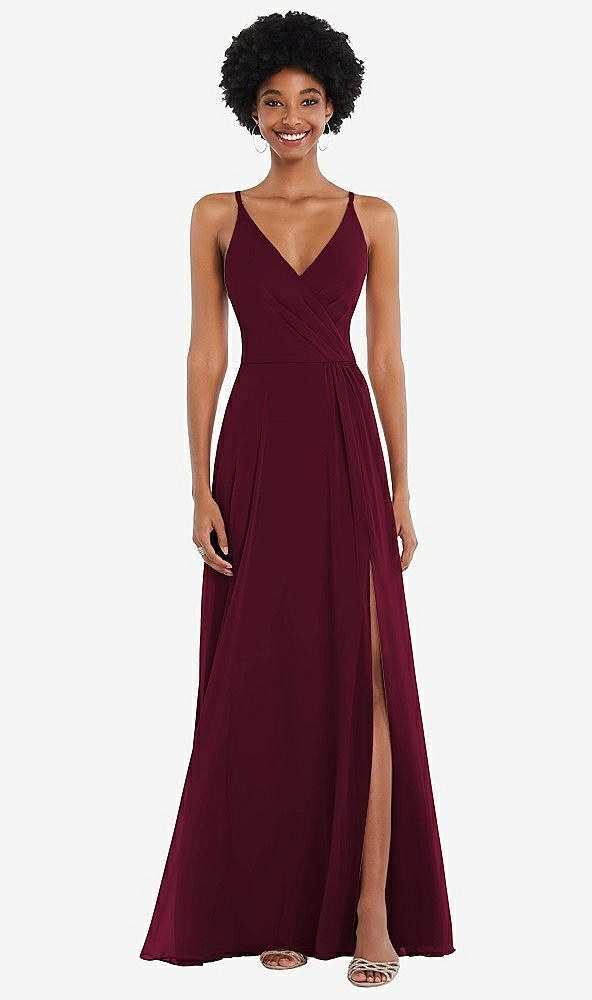 Front View - Cabernet Faux Wrap Criss Cross Back Maxi Dress with Adjustable Straps