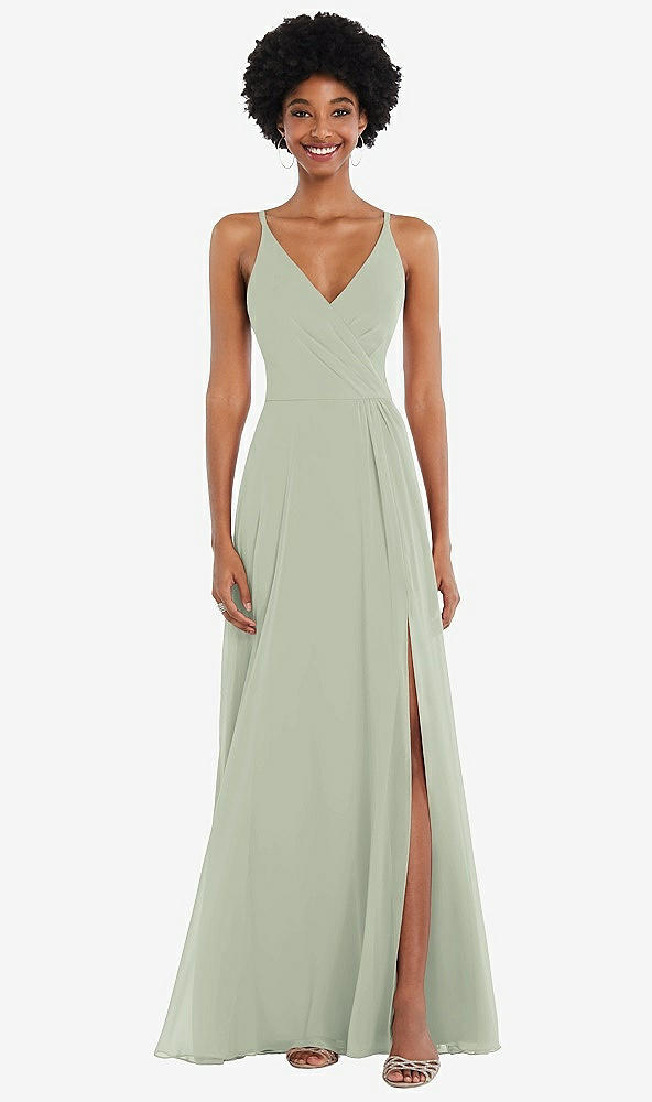 Front View - Celadon Faux Wrap Criss Cross Back Maxi Dress with Adjustable Straps