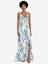 Front View Thumbnail - Cottage Rose Dusk Blue Faux Wrap Criss Cross Back Maxi Dress with Adjustable Straps