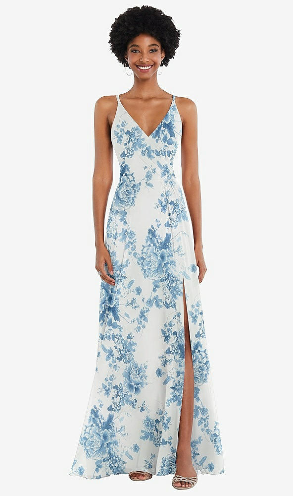 Front View - Cottage Rose Dusk Blue Faux Wrap Criss Cross Back Maxi Dress with Adjustable Straps