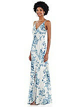 Side View Thumbnail - Cottage Rose Dusk Blue Faux Wrap Criss Cross Back Maxi Dress with Adjustable Straps