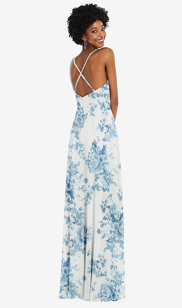 Back View - Cottage Rose Dusk Blue Faux Wrap Criss Cross Back Maxi Dress with Adjustable Straps