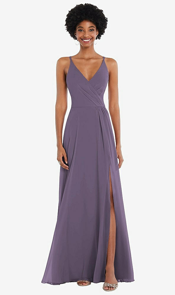 Front View - Lavender Faux Wrap Criss Cross Back Maxi Dress with Adjustable Straps