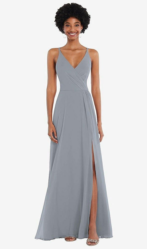 Front View - Platinum Faux Wrap Criss Cross Back Maxi Dress with Adjustable Straps