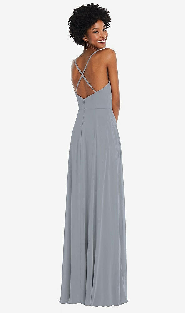 Back View - Platinum Faux Wrap Criss Cross Back Maxi Dress with Adjustable Straps