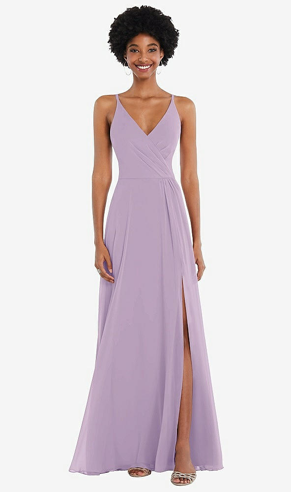 Front View - Pale Purple Faux Wrap Criss Cross Back Maxi Dress with Adjustable Straps