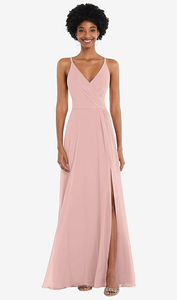 Front View - Rose - PANTONE Rose Quartz Faux Wrap Criss Cross Back Maxi Dress with Adjustable Straps