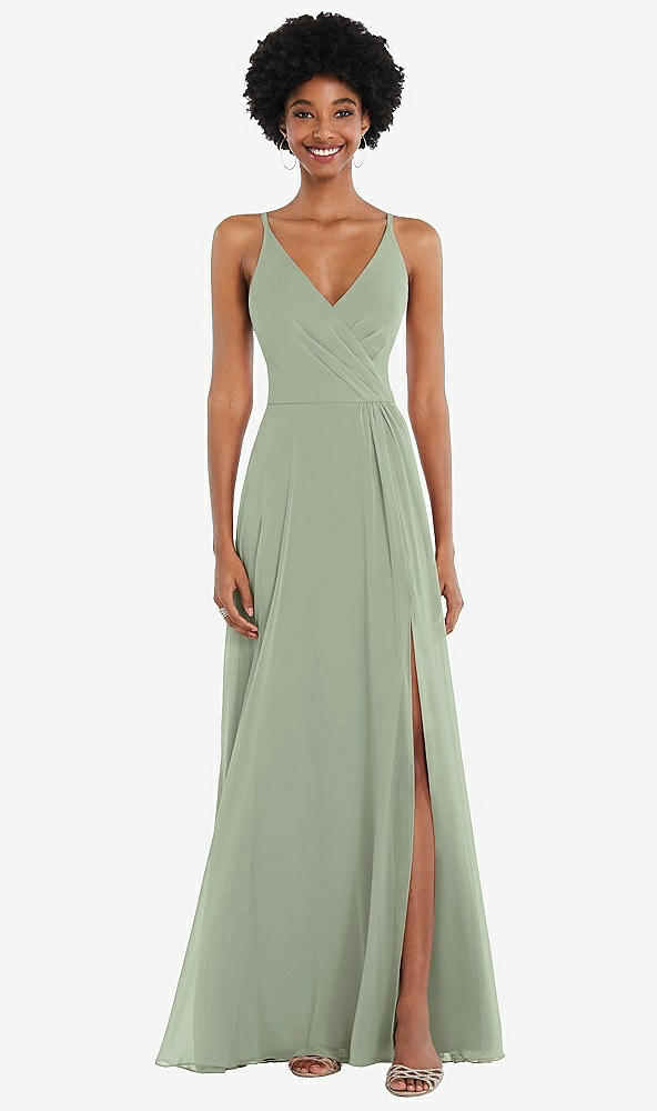 Front View - Sage Faux Wrap Criss Cross Back Maxi Dress with Adjustable Straps