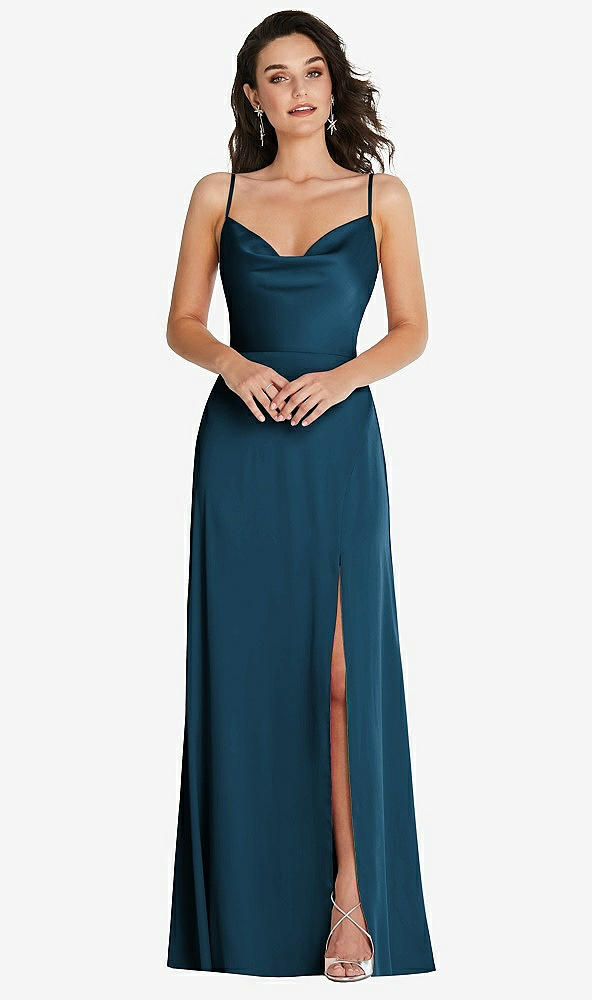 Front View - Atlantic Blue Cowl-Neck A-Line Maxi Dress with Adjustable Straps