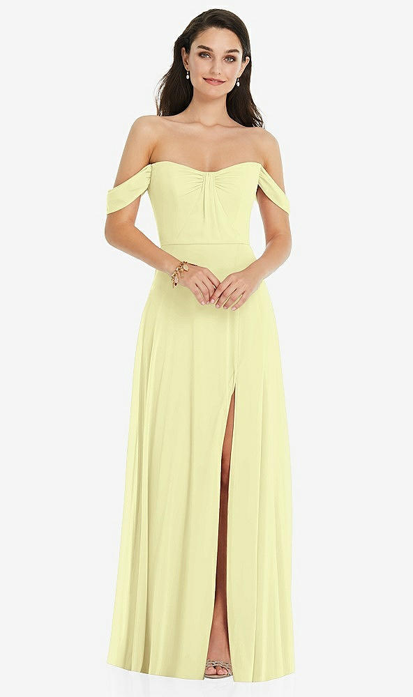 Front View - Butter Yellow Off-the-Shoulder Draped Sleeve Maxi Dress with Front Slit