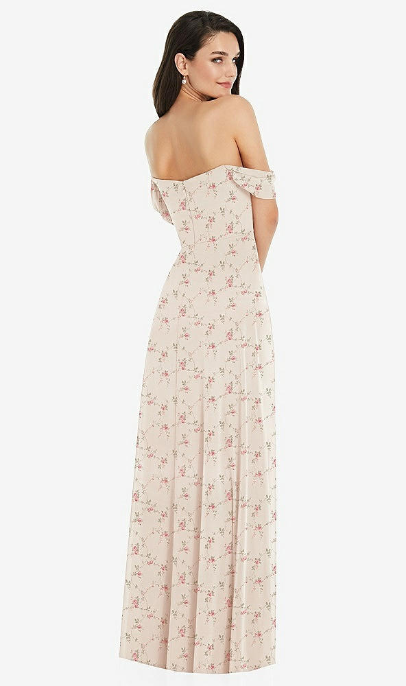 Back View - Coquette Floral Print Off-the-Shoulder Draped Sleeve Maxi Dress with Front Slit