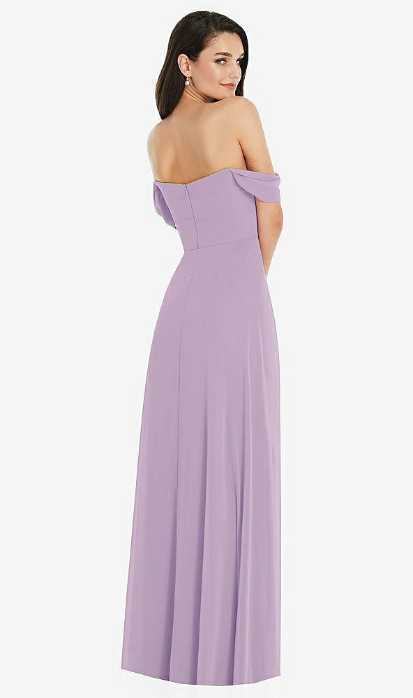 Back View - Pale Purple Off-the-Shoulder Draped Sleeve Maxi Dress with Front Slit