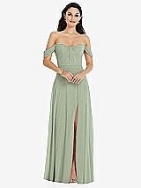 Front View Thumbnail - Sage Off-the-Shoulder Draped Sleeve Maxi Dress with Front Slit