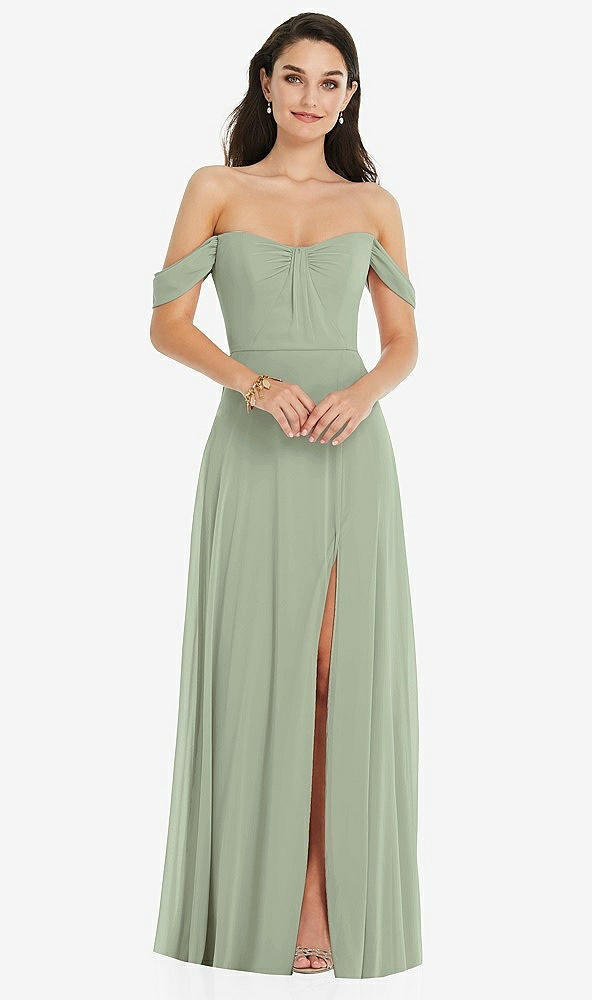 Front View - Sage Off-the-Shoulder Draped Sleeve Maxi Dress with Front Slit